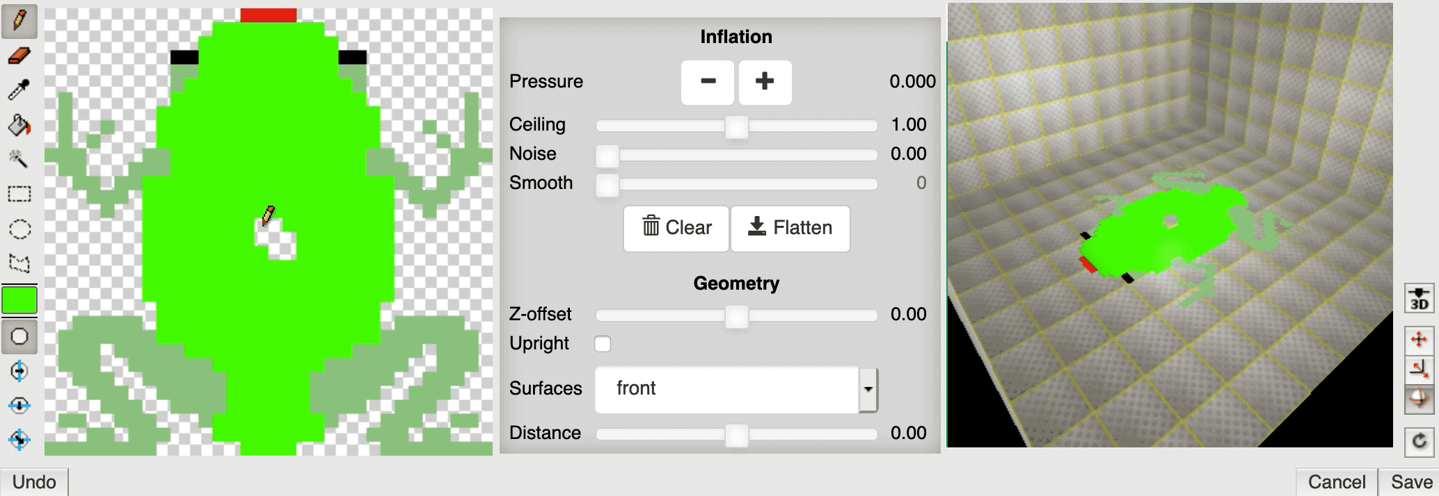 Draw a frog on a 2D canvas that gets inflated to become a 3D frog for a 3D world